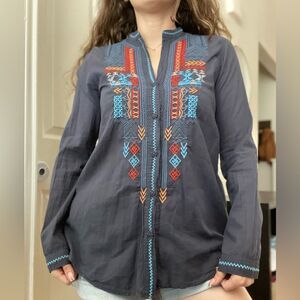 BIYA South‎ Western Embroidered Button Down Tunic Blouse Sz Small Blue Cotton